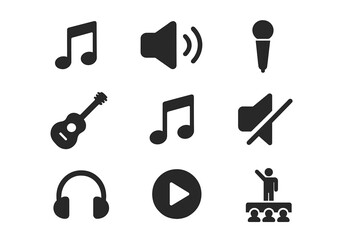 Obraz premium Music performance and audio essential icons set. Flat filled vector symbols for concert, sound, and media player. Includes microphone, guitar, headphones, speaker, mute and play.