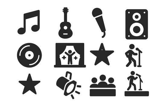 Music and performance vector icon set. Concert, show, and festival symbols. Includes singer on stage, microphone, guitar, speaker, audience, spotlight, star, and note. Live event. - Powered by Adobe