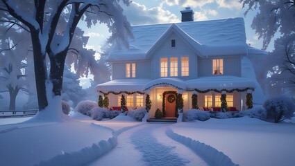 Charming Winter Cottage Surrounded by Snow with Aglow Windows from Warm Candlelight,A snow-covered road leads to a nice vacation cottage with a burning hearth.
