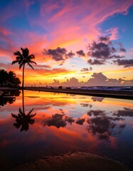 Obraz premium Tropical Sunrise Reflection, Coastal Pool