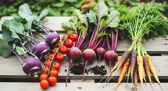 A bountiful harvest of fresh garden vegetables including vibrant purple kohlrabi ripe cherry tomatoes deep red radishes and earthy heirloom carrots displayed on a rustic wooden surface - Powered by Adobe