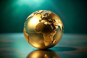 A golden globe of the world reflecting light, showing the continents of europe, africa, and asia, perfect for luxury, travel, and business concepts