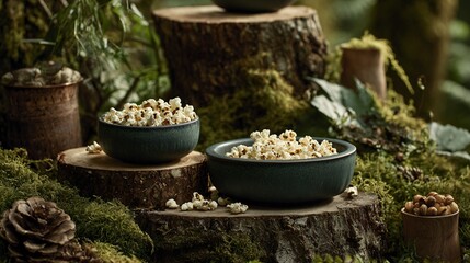 Deep forest green setup with popcorn in bark-textured bowls, natural tones
