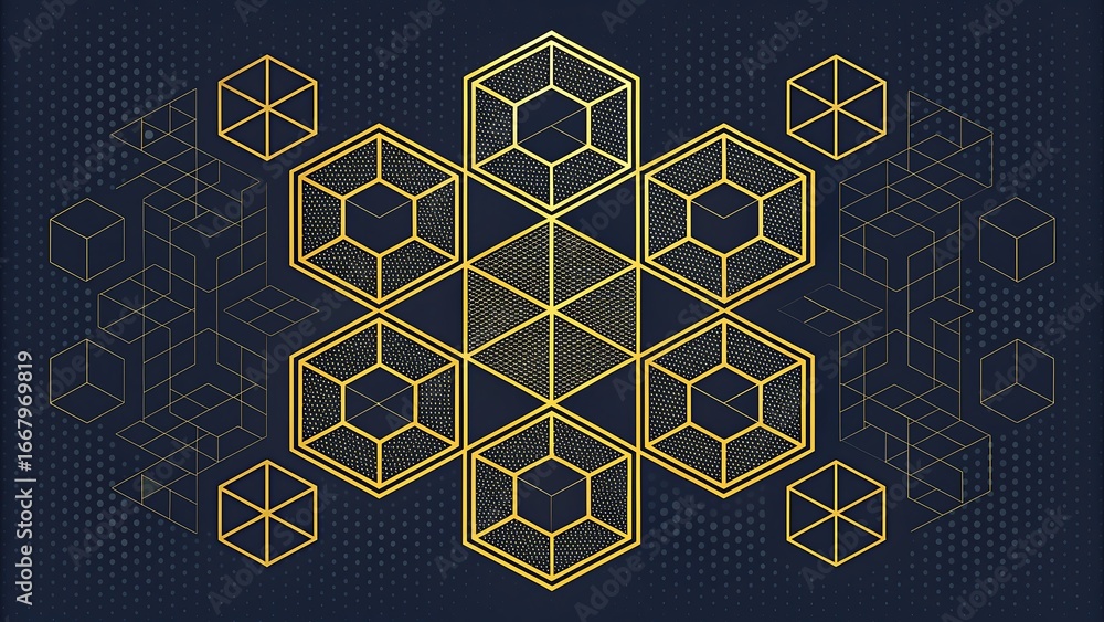 Poster geometric abstract background with hexagons and cubes in gold on dark blue backdrop for modern desig