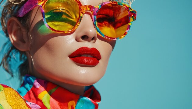 a vibrant close-up portrait of a woman with bold red lips and colorful, retro-style sunglasses against a teal backdrop. - Powered by Adobe