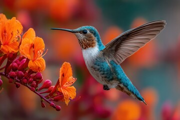A colorful hummingbird hovering near vibrant orange flowers in a garden setting on a bright day
