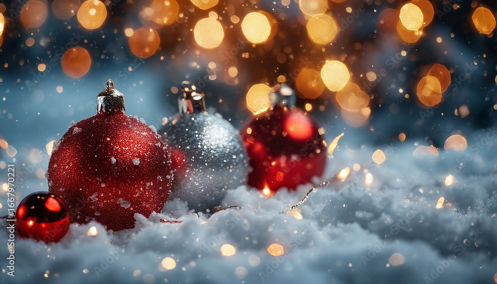 Poster a festive scene of red and silver christmas ornaments nestled in artificial snow with sparkling boke