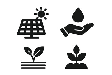 Sustainable solid icon set for eco friendly concepts. Renewable energy pictogram with solar panel, water conservation, and organic farming. Ecology and environment vector glyphs.