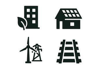 Sustainable infrastructure solid glyph icon set. Green building, eco city development, renewable energy, solar roof, wind power, and railway public transport vector icons.