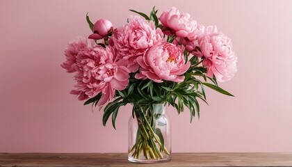 Obraz premium a lush bouquet of pink peonies in a clear glass vase sits against a soft pink backdrop on a wooden surface.