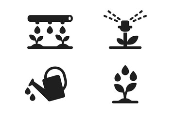 Sustainable irrigation and farming vector icon set. Drip system, sprinkler, and watering can solid glyphs. Concept for agriculture, gardening, and water conservation.