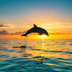 Obraz premium dolphin jumping into the sunset