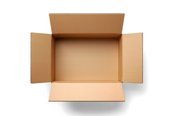 Top view of open empty brown cardboard box on white background.