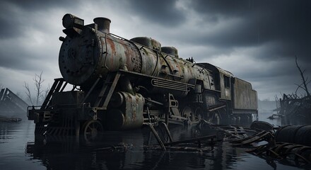 Obraz premium Abandoned Steam Locomotive Submerged in Water Under a Dramatic Cloudy Sky