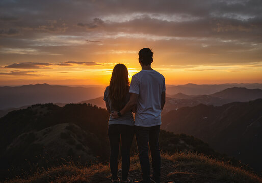 Couple standing together and watching sunset over mountains  