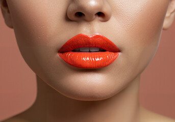 Obraz premium Close-up of woman’s lips with vibrant orange lipstick on peach background 