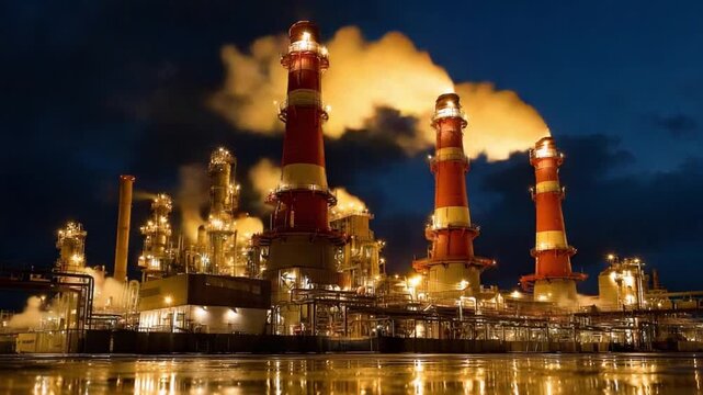 Industrial Nightscape: An expansive oil refinery illuminated at night. Towering smokestacks emit plumes of smoke under a darkened sky.
