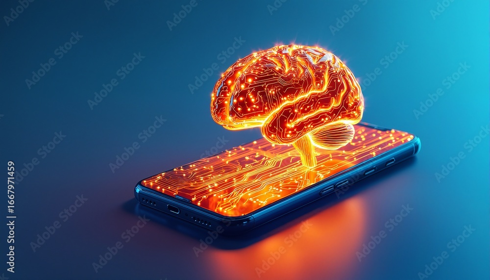 Aufkleber a glowing orange brain emerges from a smartphone displaying a circuit board pattern, representing ar