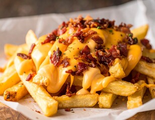 French fries covered with melted cheese and bacon bits
