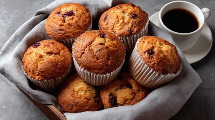 Freshly baked muffins in paper liners, top view