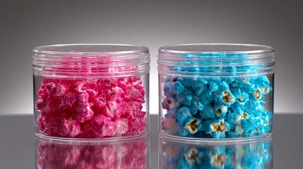 Neon pink and blue popcorn in clear containers on glossy reflective surface