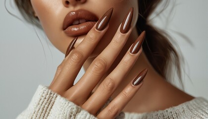 a close-up portrait of a woman with long, glossy brown stiletto nails and matching lipstick, softly illuminated against a neutral background.
