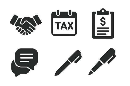 Tax consultation solid glyph icons set. Vector financial advisor symbols. Handshake deal, tax day calendar, money document, chat bubble, signing pen. Business finance concept design.