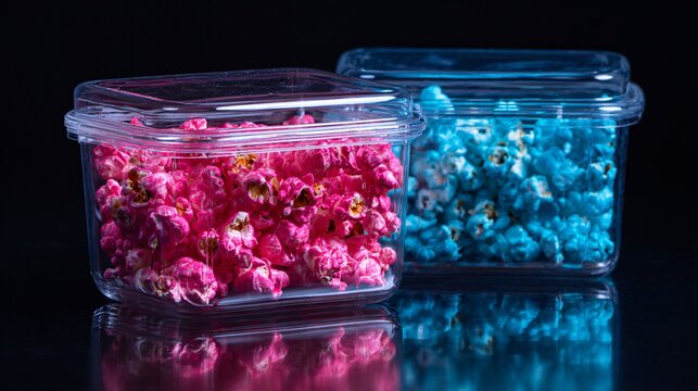 Neon pink and blue popcorn in clear containers on glossy reflective surface - Powered by Adobe