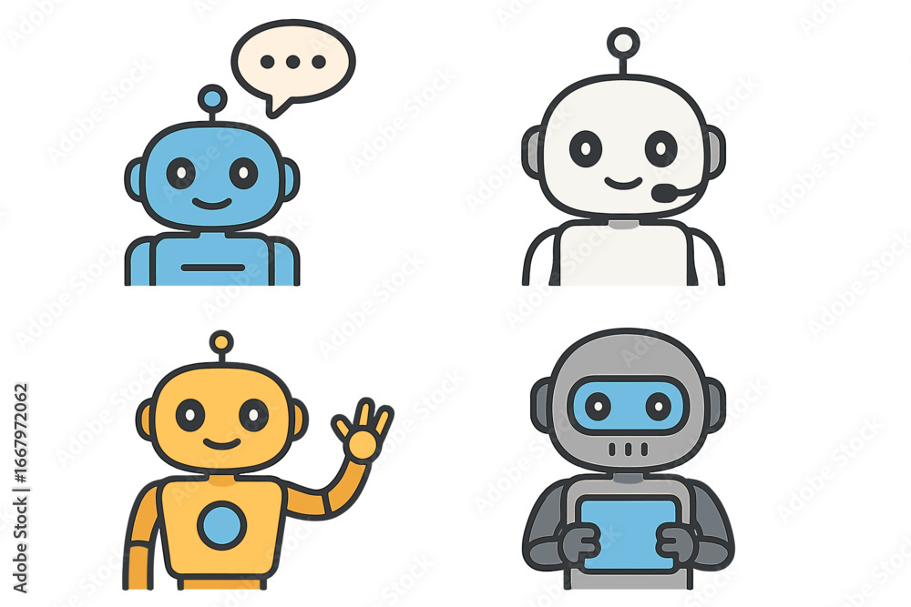 Poster robot icon set for user interaction. chatbot, ai assistant, and customer service bot collection. vec