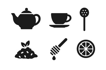 Tea time solid glyph icon set. Simple black silhouette collection of tea making essentials: teapot, cup, strainer, loose leaf tea, honey dipper, and lemon slice vector.
