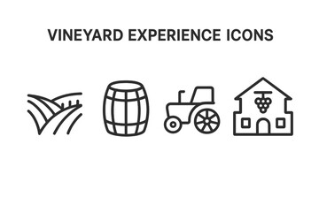 Obraz premium Vineyard experience line icon set. Winemaking and viticulture symbols. Wine tour, rolling vine rows, barrel, tractor, winery building. Agriculture and enotourism concept.