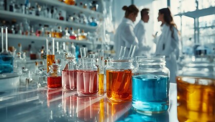 a brightly lit laboratory features rows of colorful liquid-filled test tubes and beakers on a reflective surface with blurred scientists collaborating in the background.