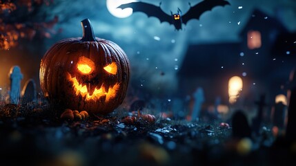 Fototapeta premium Spooky halloween night with glowing pumpkin and bat silhouette against the moonlit sky