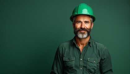 Fototapeta premium a mature construction worker with a gray beard and green hard hat confidently poses against a solid green background.