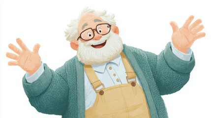 Cheerful elderly man with glasses and white beard in cozy sweater