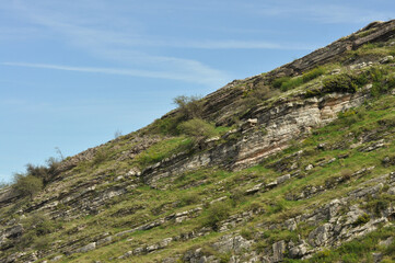 Layered Rock Slope with Green Vegetation