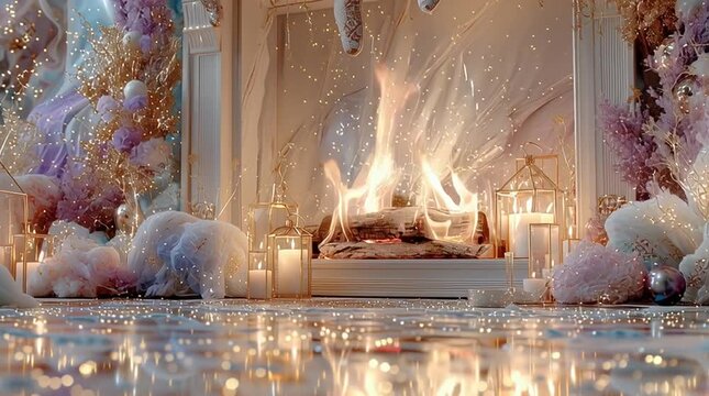 Elegant close-up of white pearl Christmas fireplace with glowing fire, delicate garlands, ornaments and festive lights. Luxury holiday decor background.