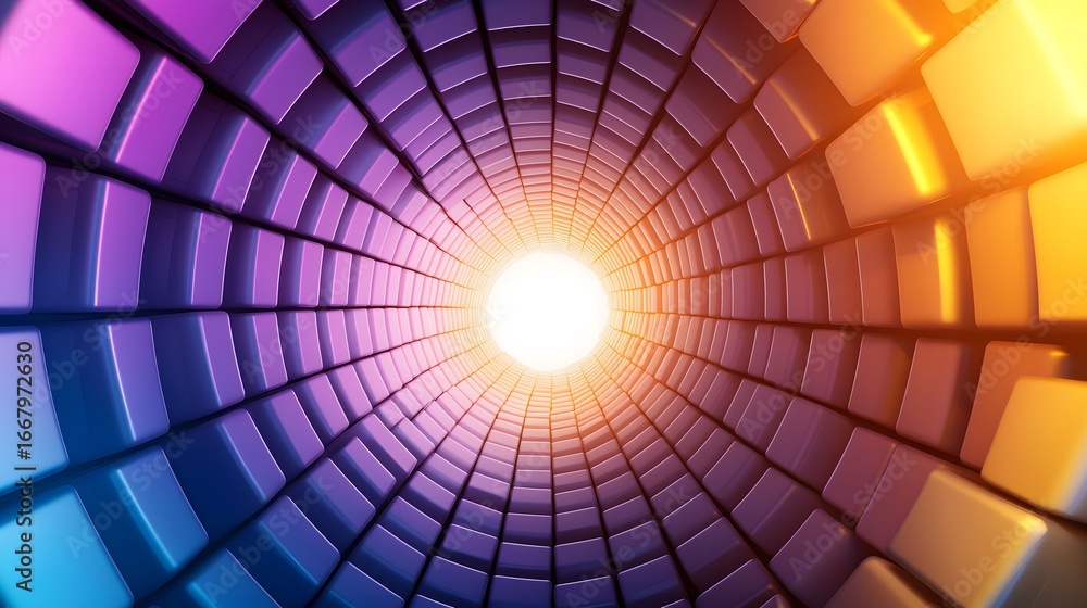 Poster a tunnel of colorful cubes creates a 3d perspective with hues shifting from blue to purple to orange