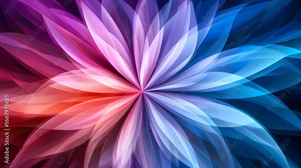 Poster the image showcases a vibrant abstract design of petal-like forms radiating from a central point, se