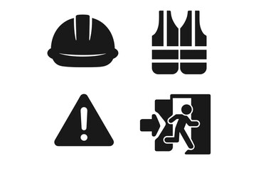 Workplace safety solid icon set. Vector graphic collection of construction site symbols. Hard hat, safety vest, warning triangle sign, and emergency fire exit pictogram.