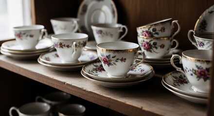 Antique floral teacups with gold trim arranged on a rustic wooden shelf in soft, diffused light