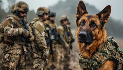 a focused german shepherd wearing tactical gear stands in the foreground with blurred soldiers in uniform behind it during a military exercise.