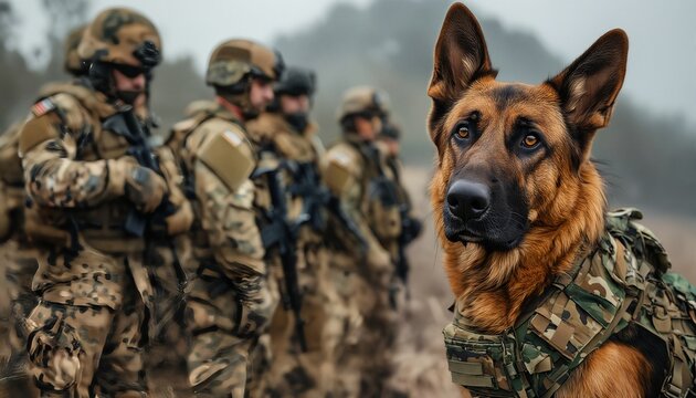a focused german shepherd wearing tactical gear stands in the foreground with blurred soldiers in uniform behind it during a military exercise.