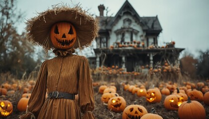 a spooky scarecrow stands in a pumpkin patch before a haunted mansion illuminated by jack-o'-lanterns on a cloudy autumn evening.