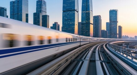 Obraz premium High speed bullet train moving through a modern city skyline at sunset.