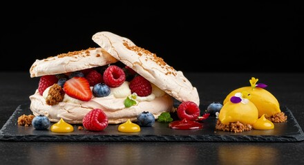 A Photo Realistic, luxurious gourmet dessert platter showcasing a deconstructed berry pavlova with fresh fruits, meringue, and elegant sorbet, artfully arranged on a slate board. 