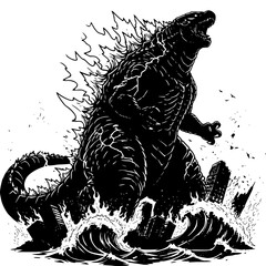 Monumental Monster: A massive, kaiju-esque beast emerges from the ocean, its silhouette dominating a city as it unleashes its primal roar.