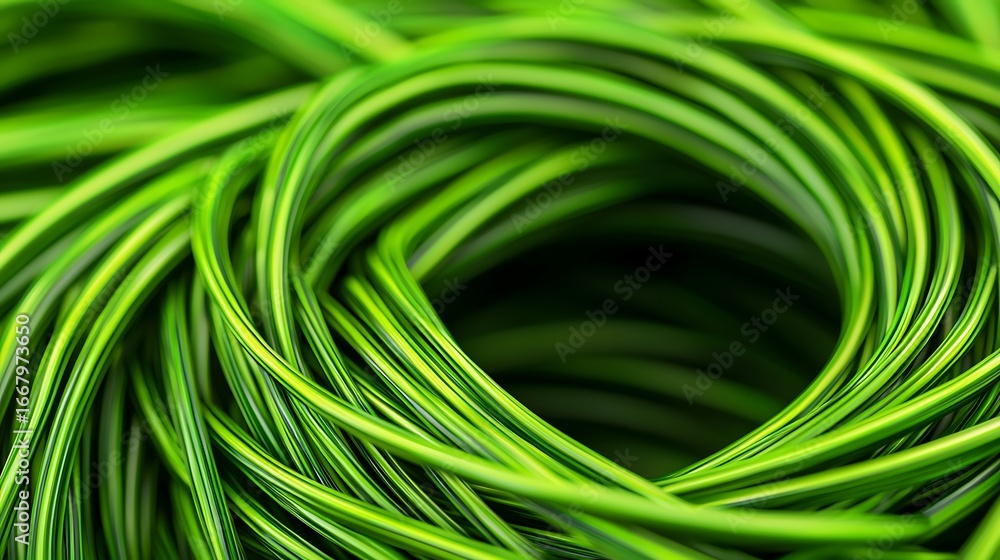Poster a close-up view of intertwined green wires, displaying a vibrant, smooth texture, creating a visuall