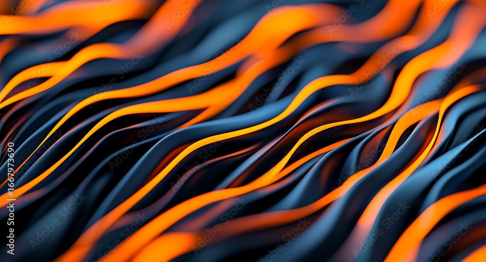 Poster a vibrant abstract design featuring flowing waves in shades of orange and deep blue, creating a dyna