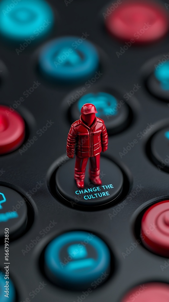 Poster a small red figure stands on a keyboard key labeled 